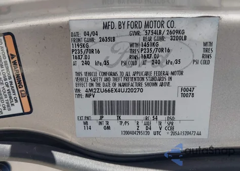 2004 Mercury Mountaineer из США, поврежденный, VIN 4M2ZU66EX4UJ20270